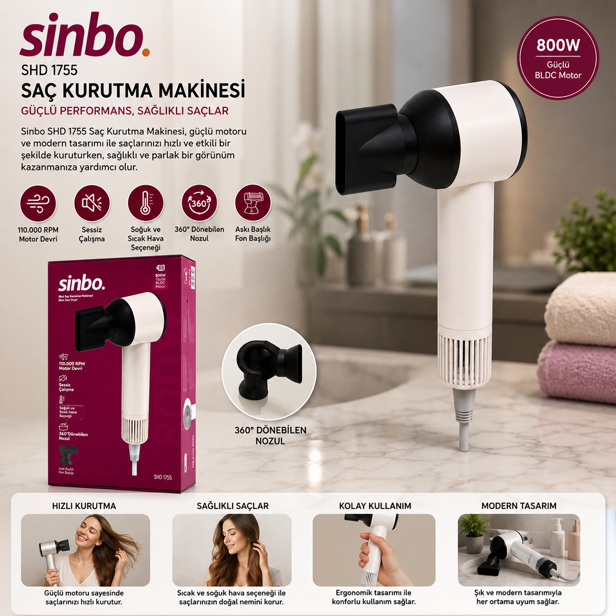 Saç Kurutma Makinesi 110.000 RPM - Sessiz, 3 Hız & Sıcaklık Ayarlı