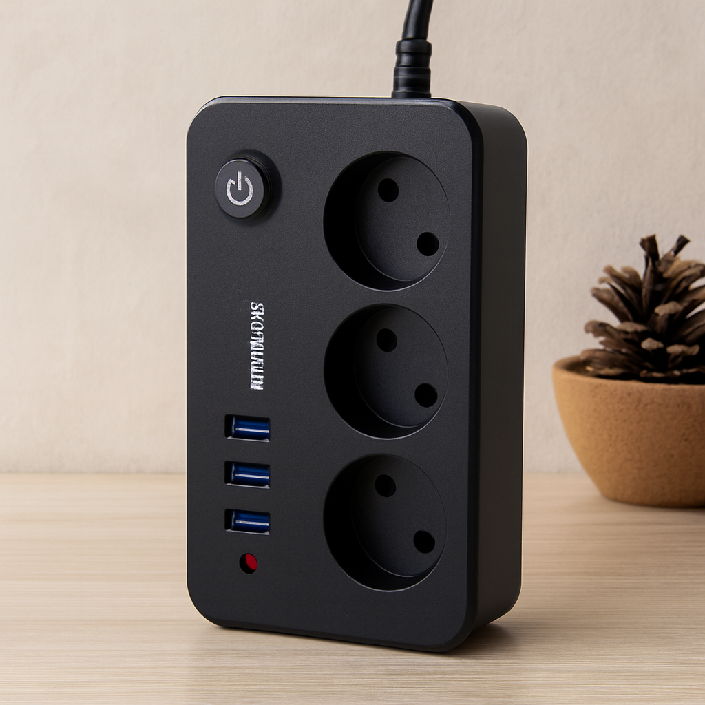 Anahtarlı Termal Korumalı 3'lü Priz + 3xUSB 2.1A 2m Uzatma Kablosu Siyah