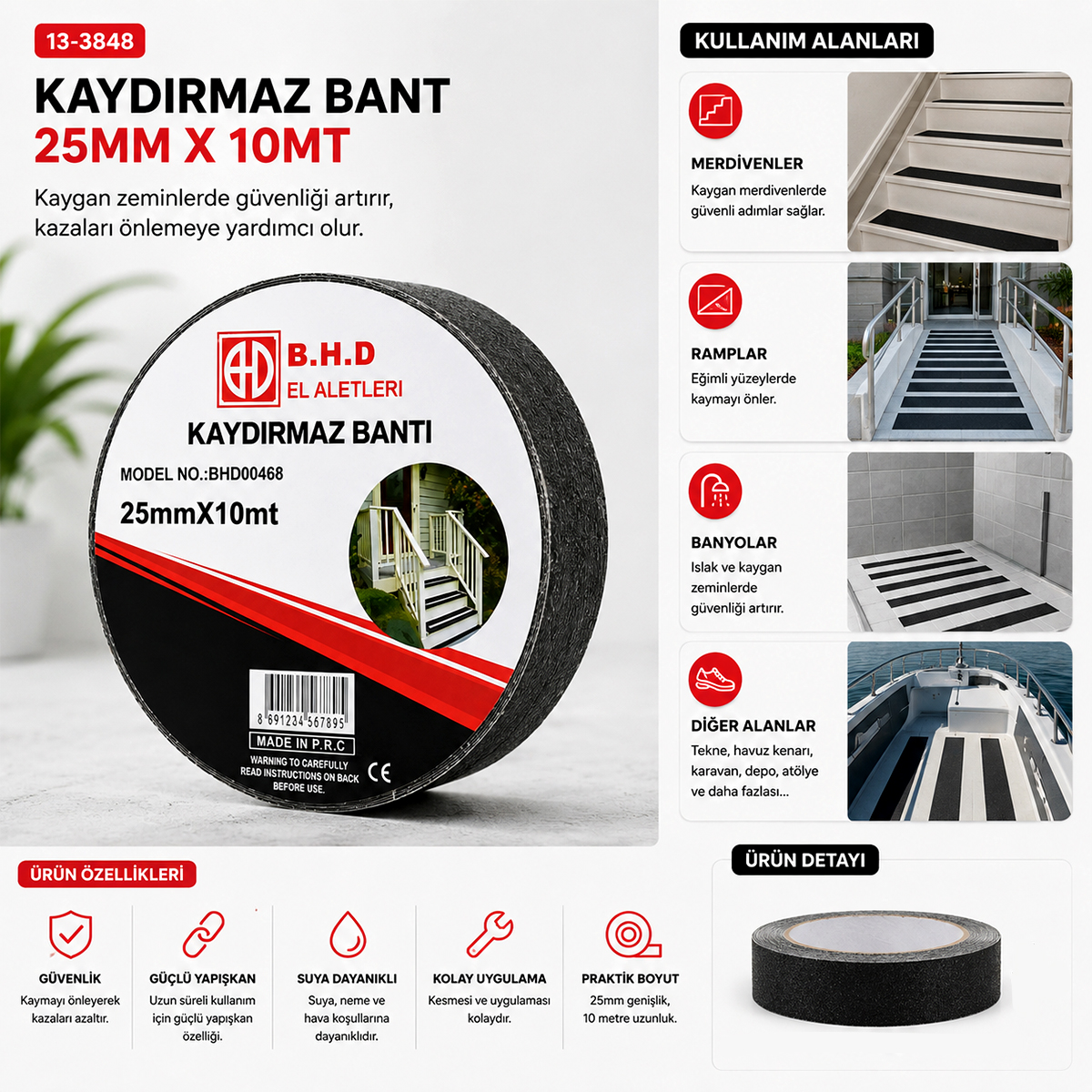 25mm x 10m Kaydırmaz Siyah Bant