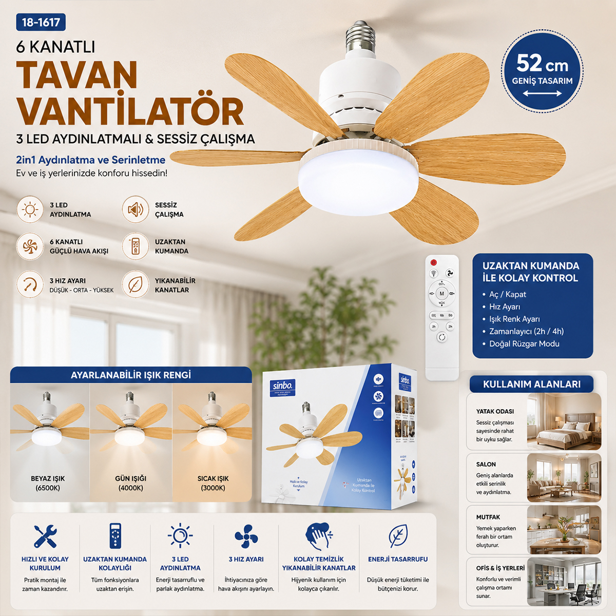 Kumandalı Tavan Vantilatör Avize - 6 Kanat 52cm 3 Kademe