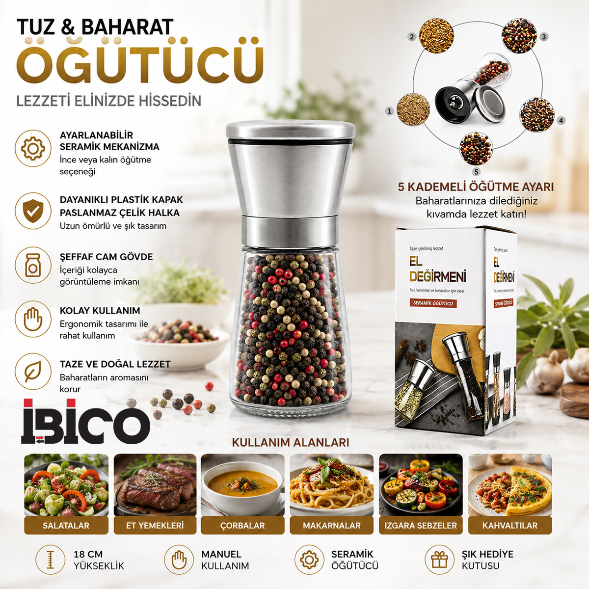 Mini Cam Hazneli Tuz ve Baharat Öğütücü - Krom Kaplama