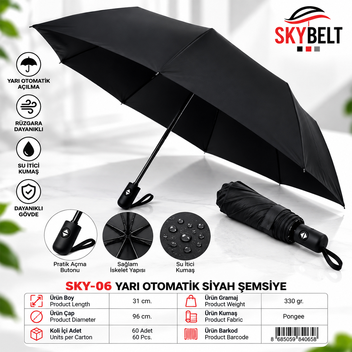 Erkek Yarı Otomatik Şemsiye Siyah 8 Telli