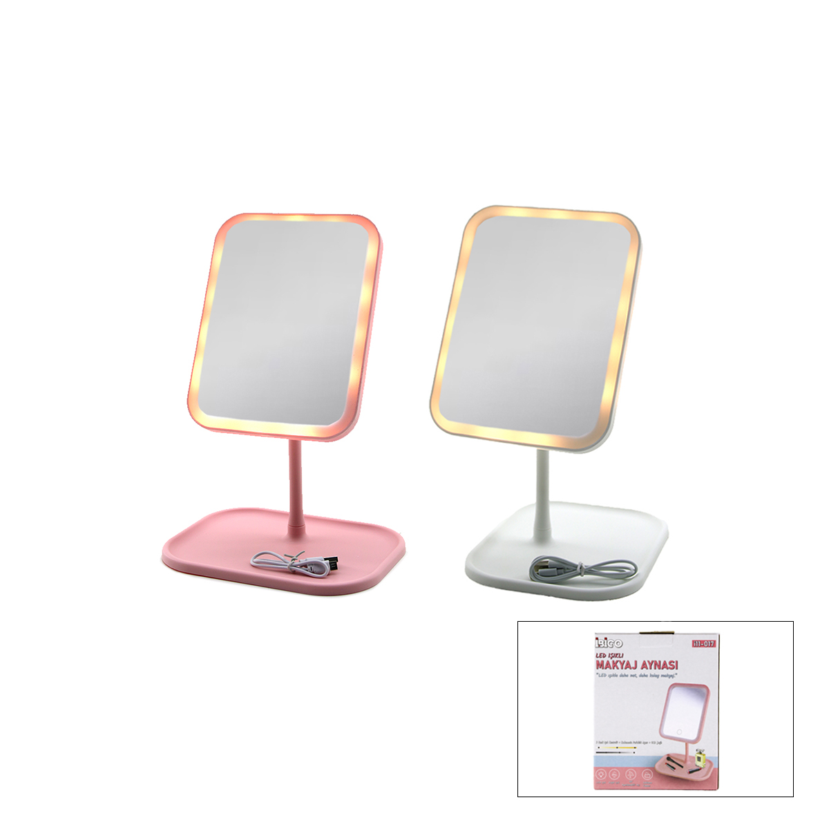 7\" LED USB Şarjlı Dikdörtgen Makyaj Aynası, 90° Ayarlı