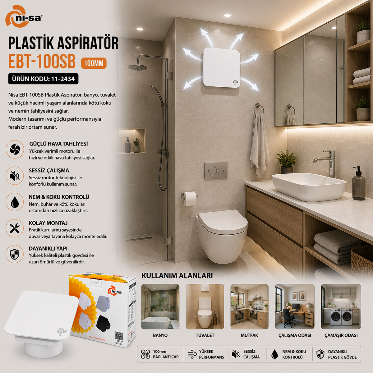 100 mm Plastik Banyo Tuvalet Aspiratörü 12W
