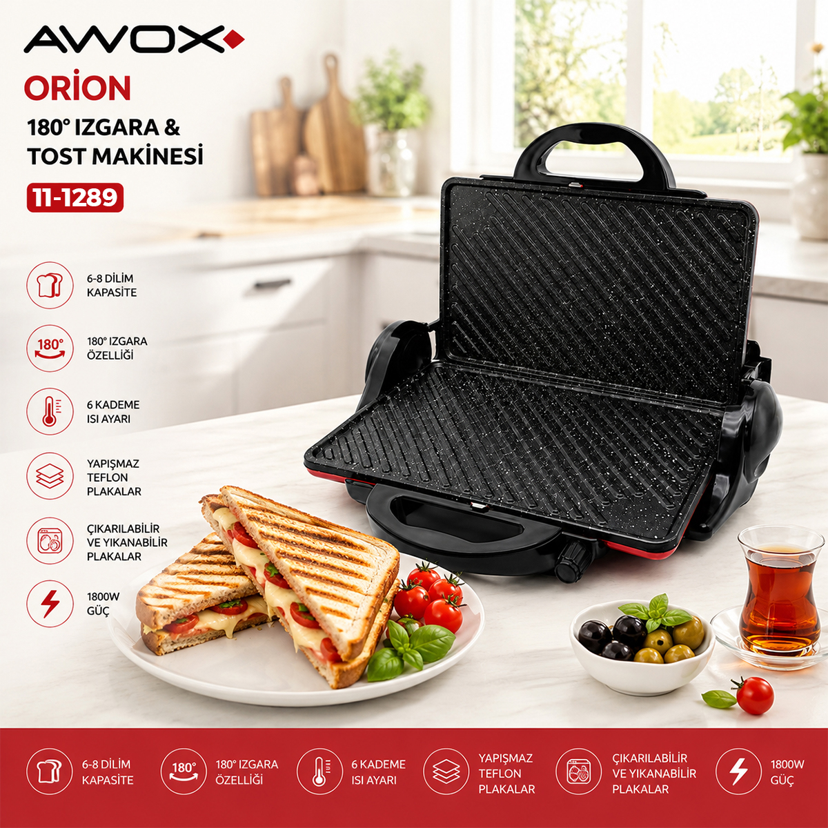8 Dilim Elektrikli Tost Makinesi 1800W - 180° Izgara, 6 Kademe, Teflon