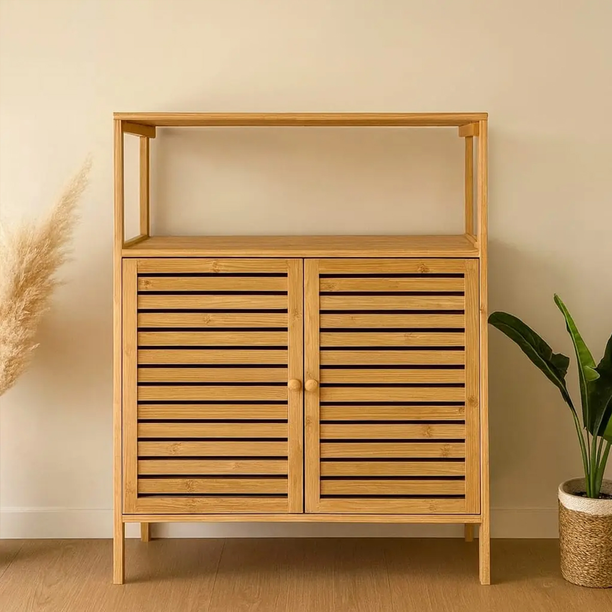 Çok Amaçlı Bambu Dolap 66x33x85 cm - Organizer Raflı
