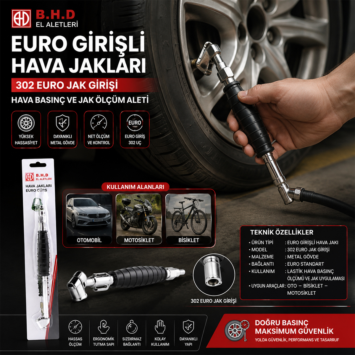Lastik Hava Basınç Ölçer - Oto/Bisiklet/Motosiklet/Bot