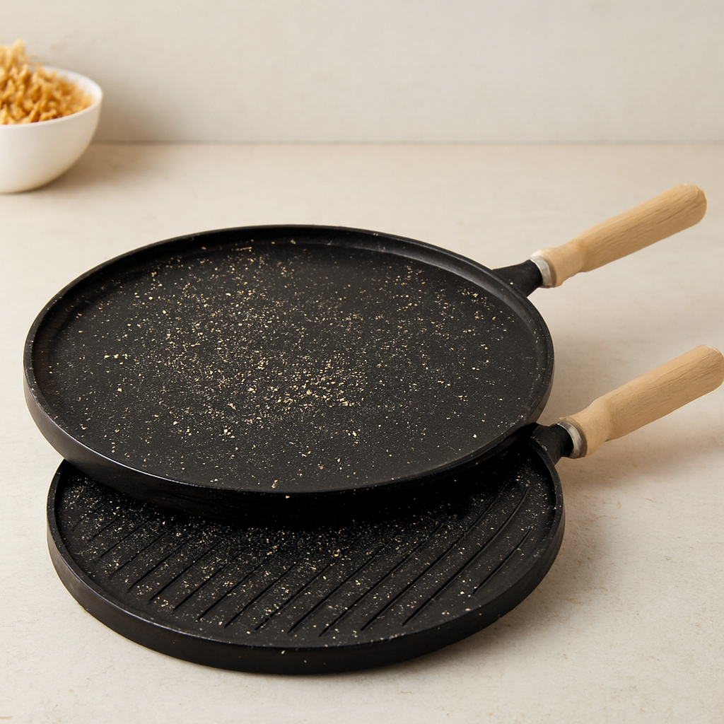 34 cm Çift Taraflı Döküm Tava - Ahşap Saplı
