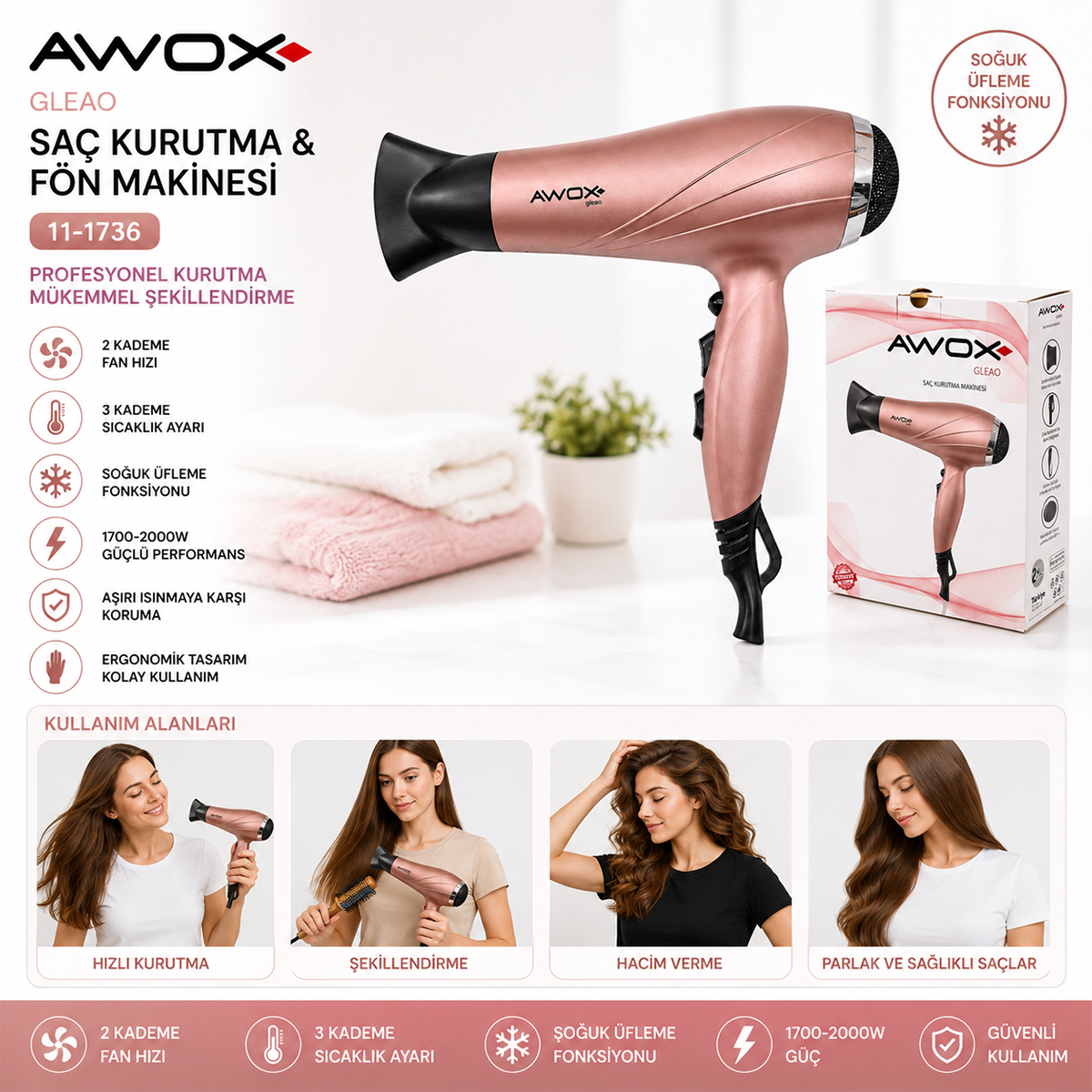 Saç Kurutma Makinesi 1700-2000W (Rose Gold)