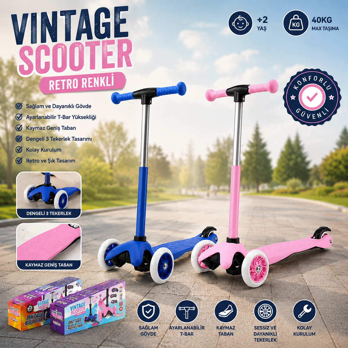Vintage Çocuk Scooter - Ayarlı 55–71 cm, 40 kg Taşıma