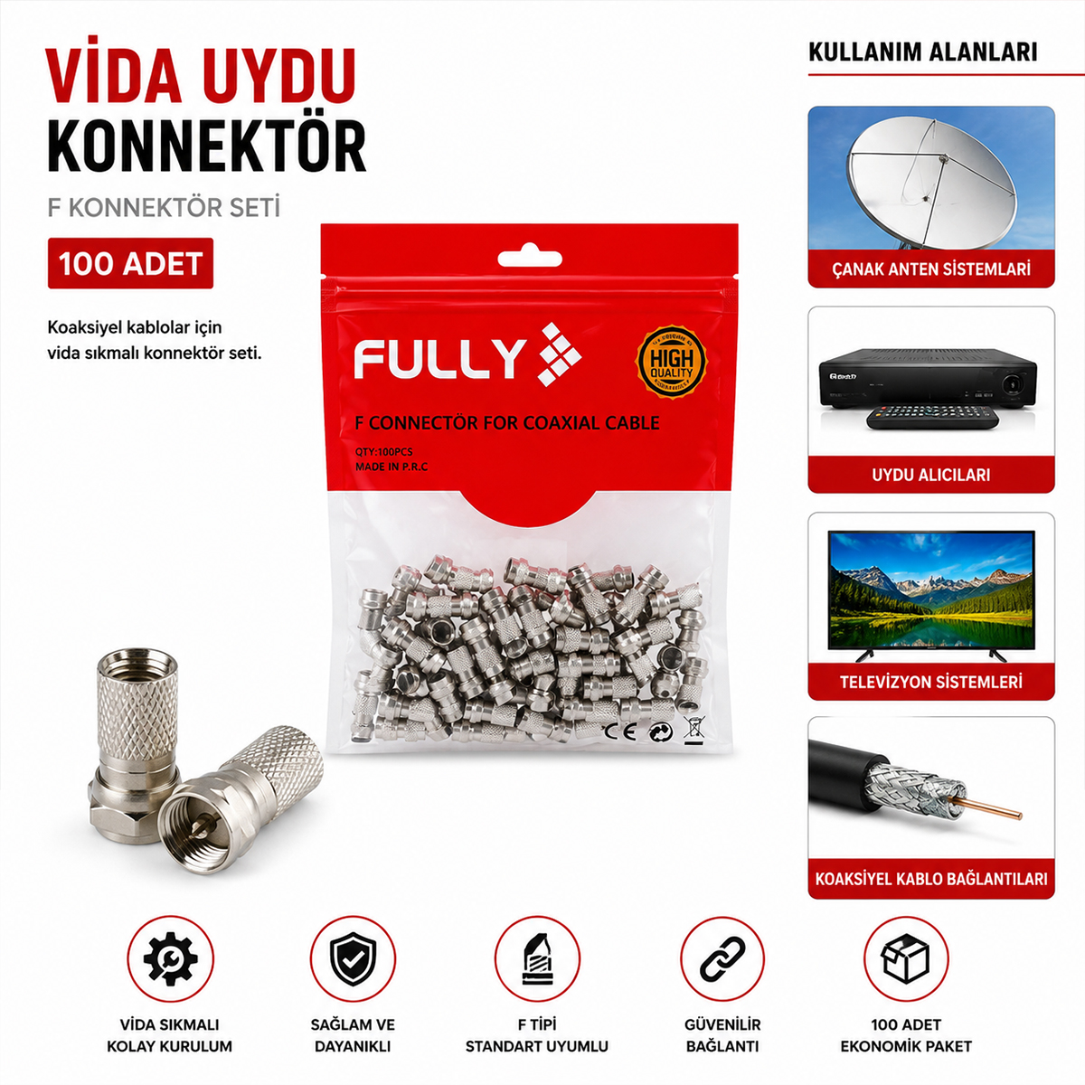 Uydu F Tipi Vidalı Konnektör 100'lü