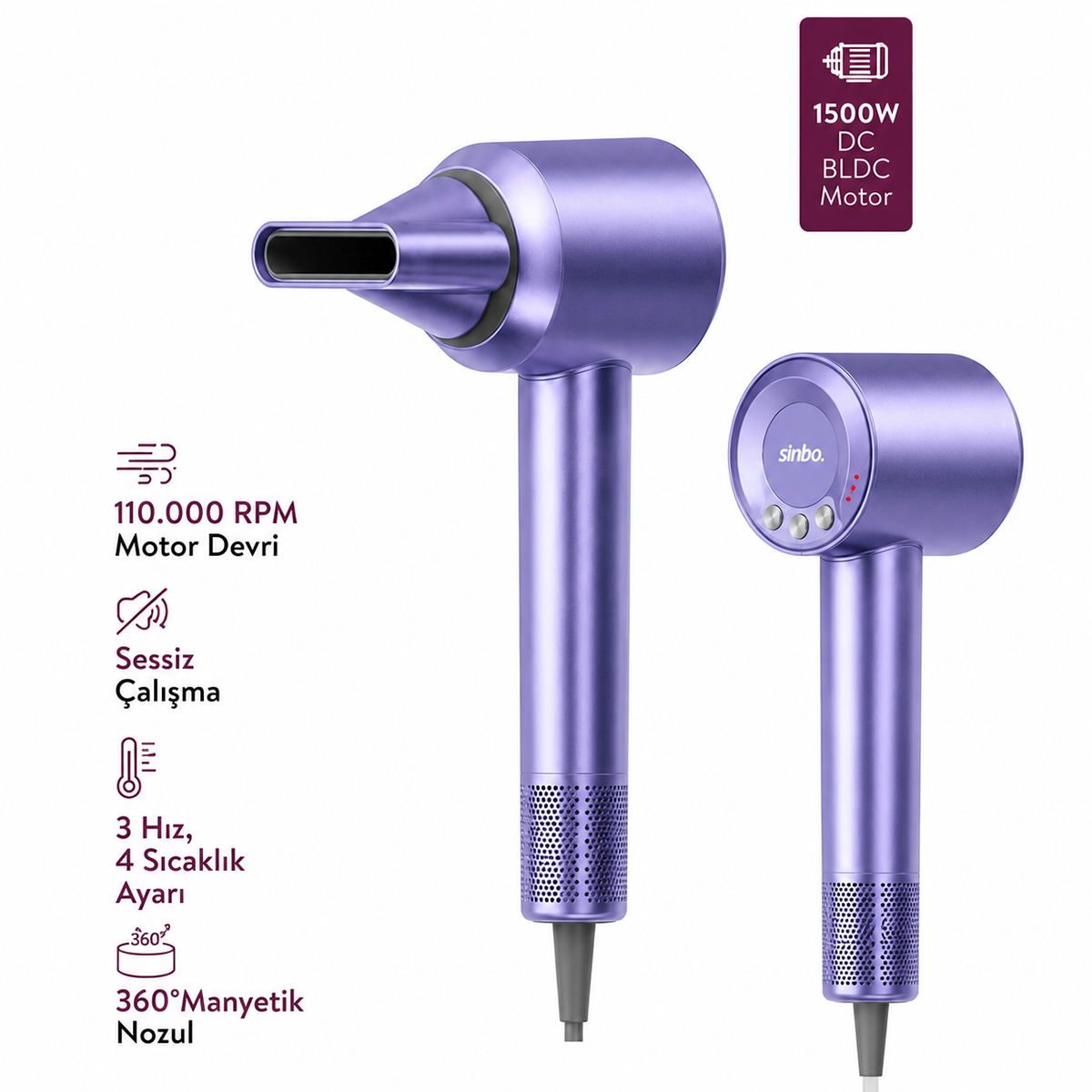 1500W BLDC Turbo Saç Kurutma Makinesi - 3 Hız 4 Isı Ayarı