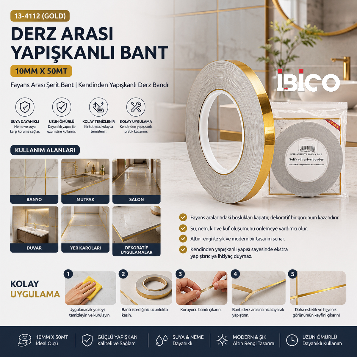 Derz Arası Yapışkan Bant 10 mm x 50 m - Gold