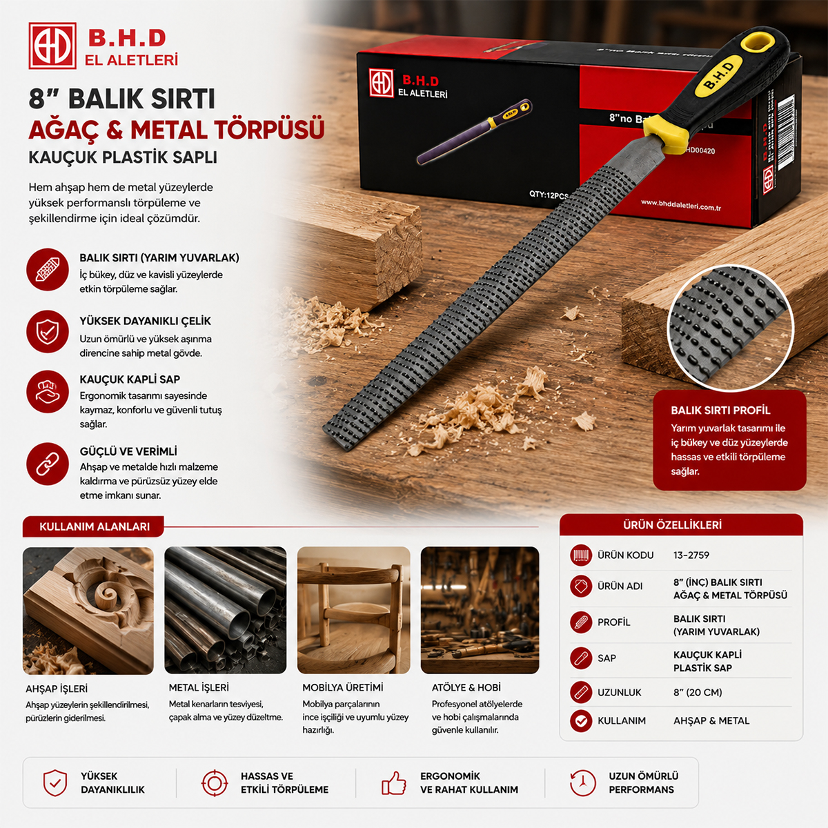8 inç Balık Sırtı Ağaç ve Metal Törpüsü - Kauçuk Saplı