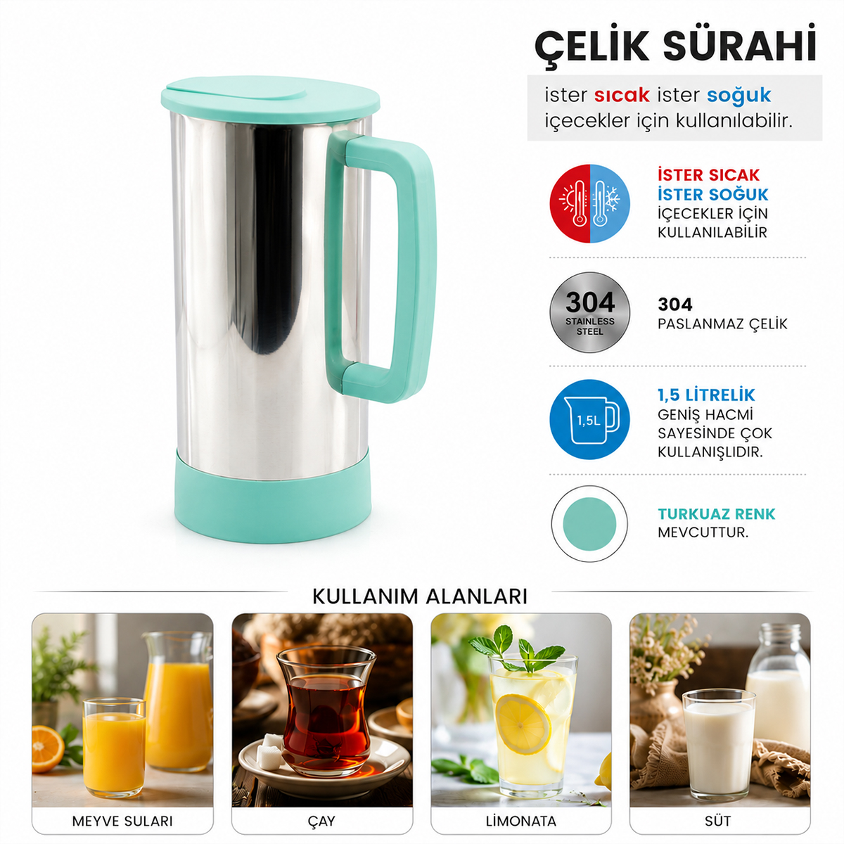 Turkuaz Çelik Sürahi - Sıcak ve Soğuk