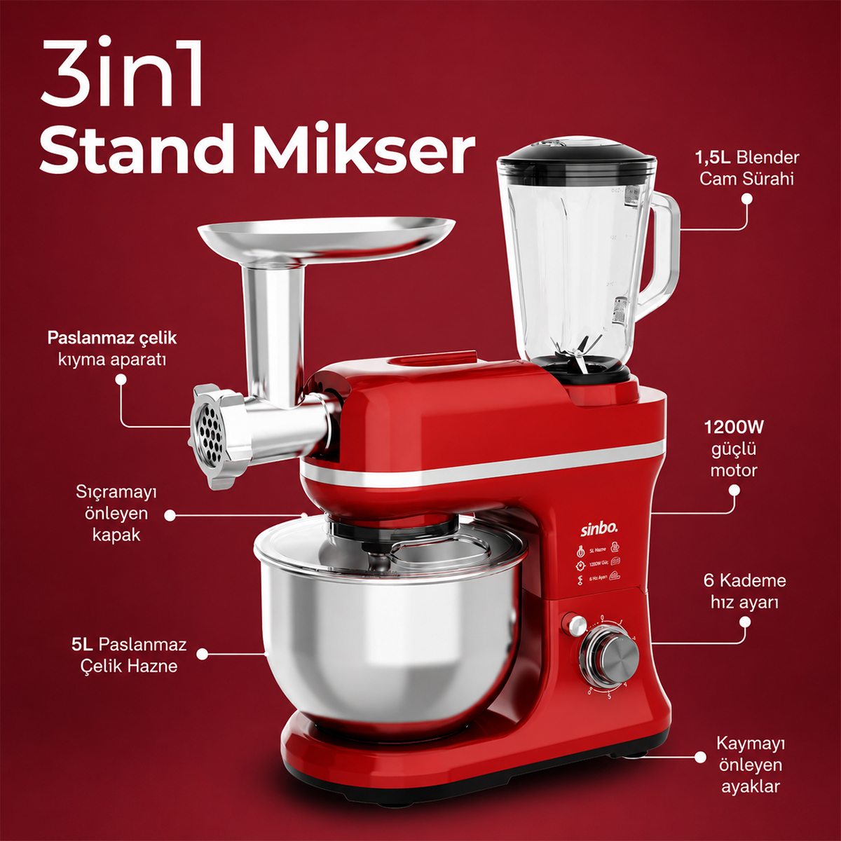 Standlı Mikser & Blender Seti 3'ü 1 Arada 1500W 4.5L (Kıyma Aparatlı)