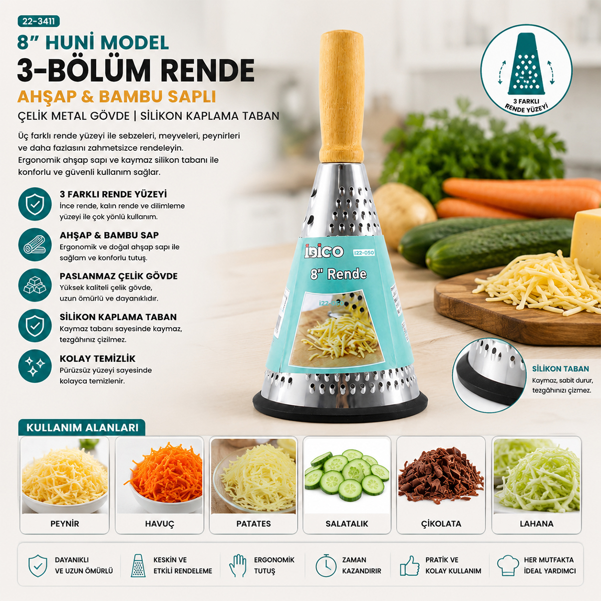 8" Ahşap & Bambu Saplı Çelik Rende (Silikon Taban, 3 Bölümlü)
