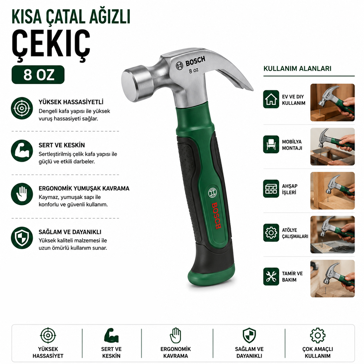 Kısa Çatal Çekiç 8 oz 16 cm Ergonomik Yumuşak Sap