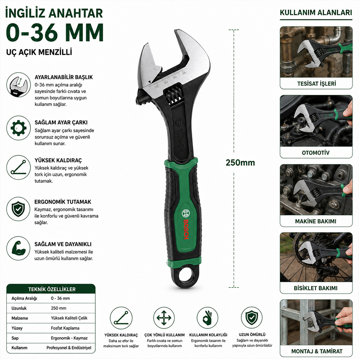 10 inç (250 mm) İngiliz Anahtarı ve Kurbağacık 6 Parça Set