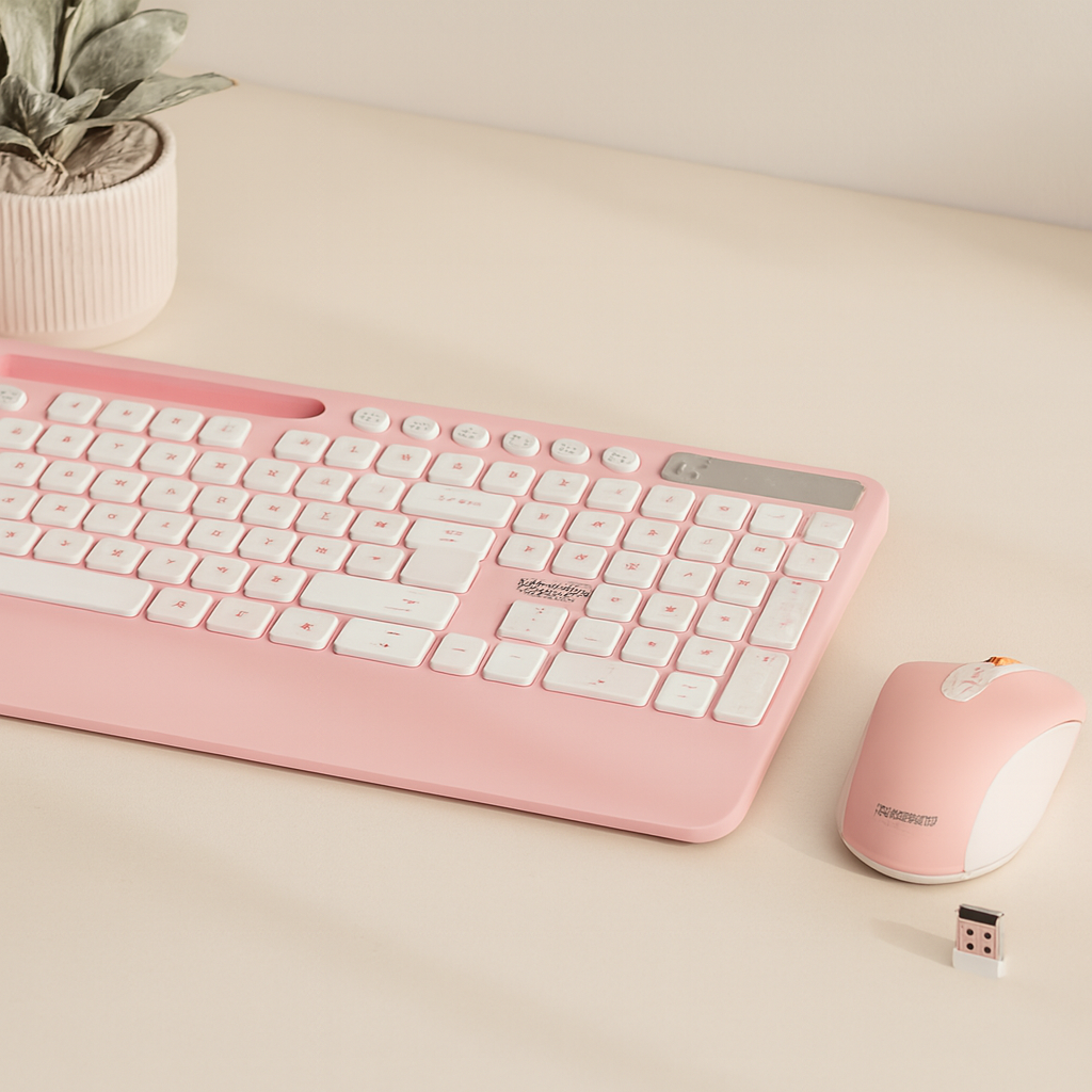 Kablosuz Klavye Mouse Seti - Telefon & Tablet Standlı (Beyaz/Pembe)