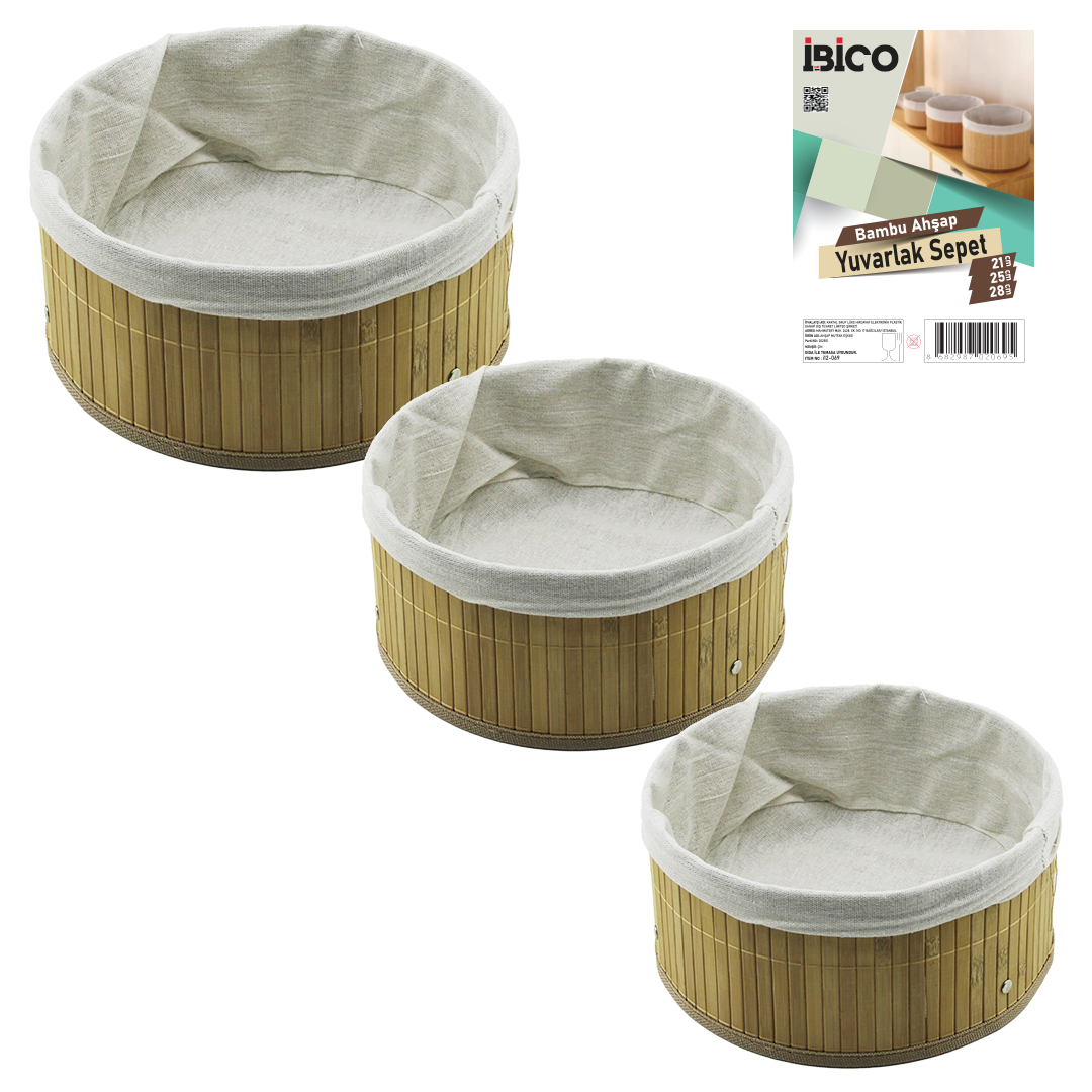 Yuvarlak Organizer Sepet 3'lü (Ø21/25/28 cm) Bambu Kenarlı Bezli