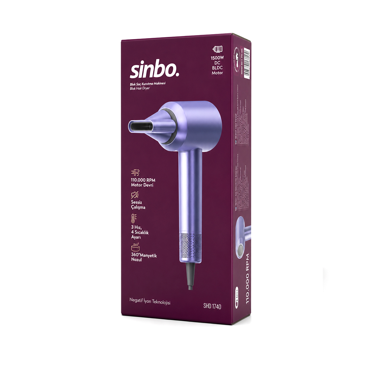 1500W BLDC Turbo Saç Kurutma Makinesi - 3 Hız 4 Isı Ayarı