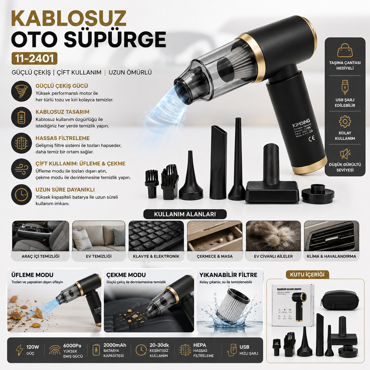 El Tipi Şarjlı Mini Süpürge 2in1 (Çekme & Üfleme) - Oto & Ev