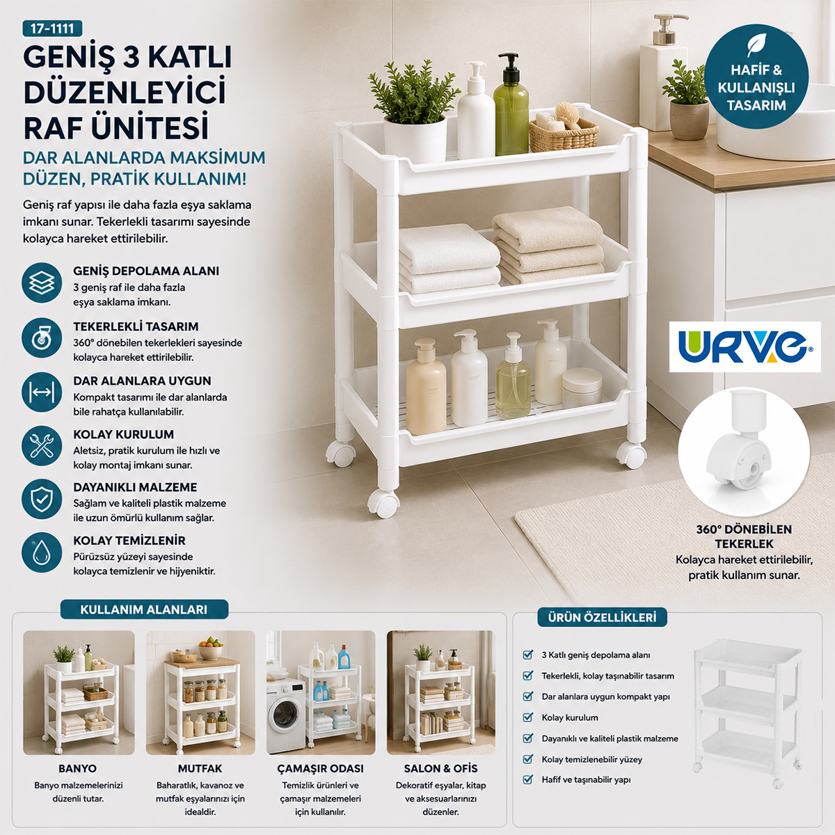 3 Katlı Tekerlekli Sepet Organizer Raf - 352x220x480 mm