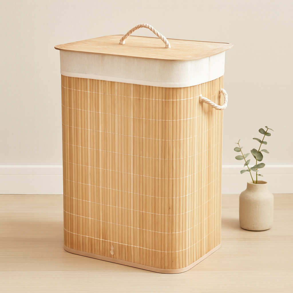 Bambu Kirli Çamaşır Sepeti 40x30x60 cm - Kapaklı İpli Kumaş Torbalı