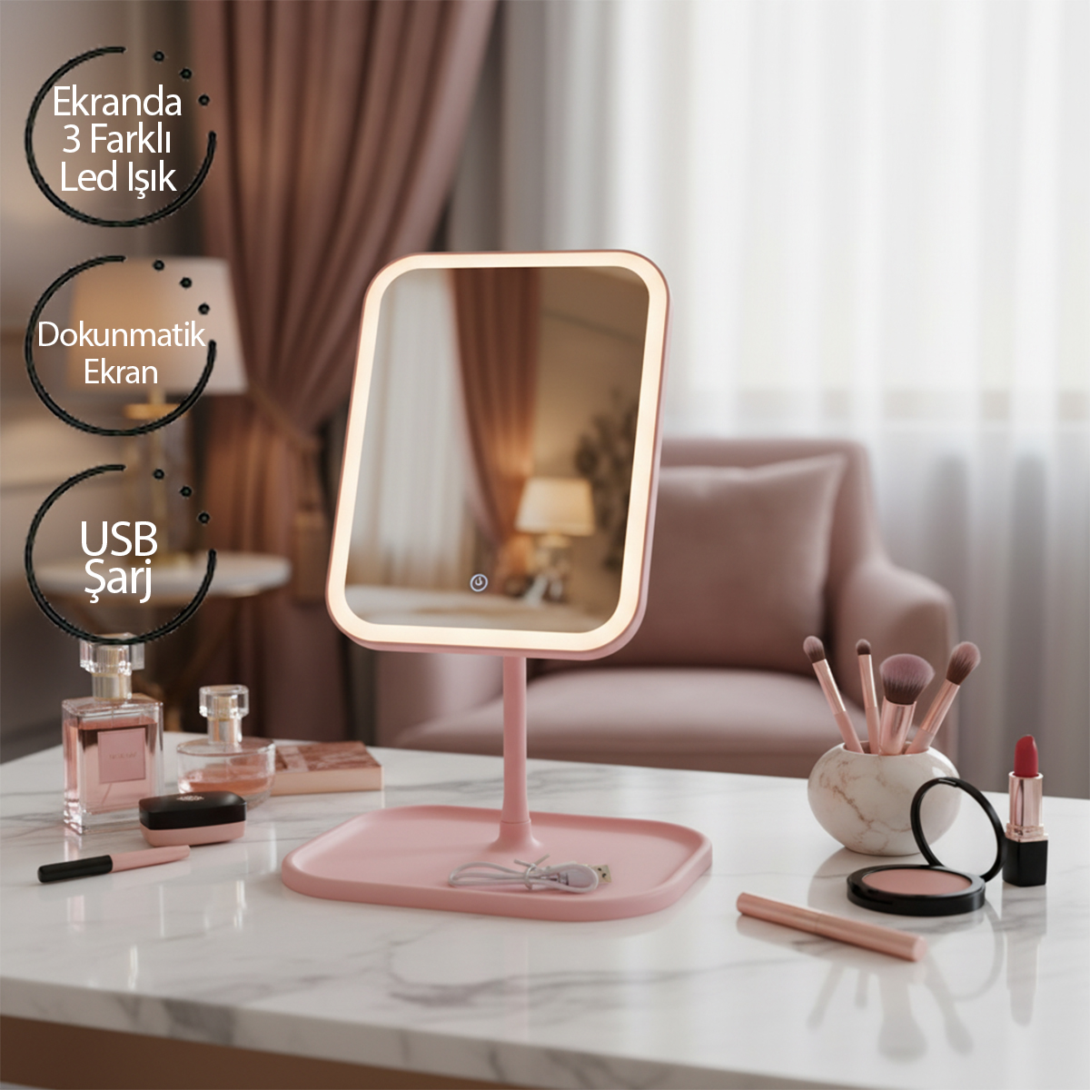 7\" LED USB Şarjlı Dikdörtgen Makyaj Aynası, 90° Ayarlı