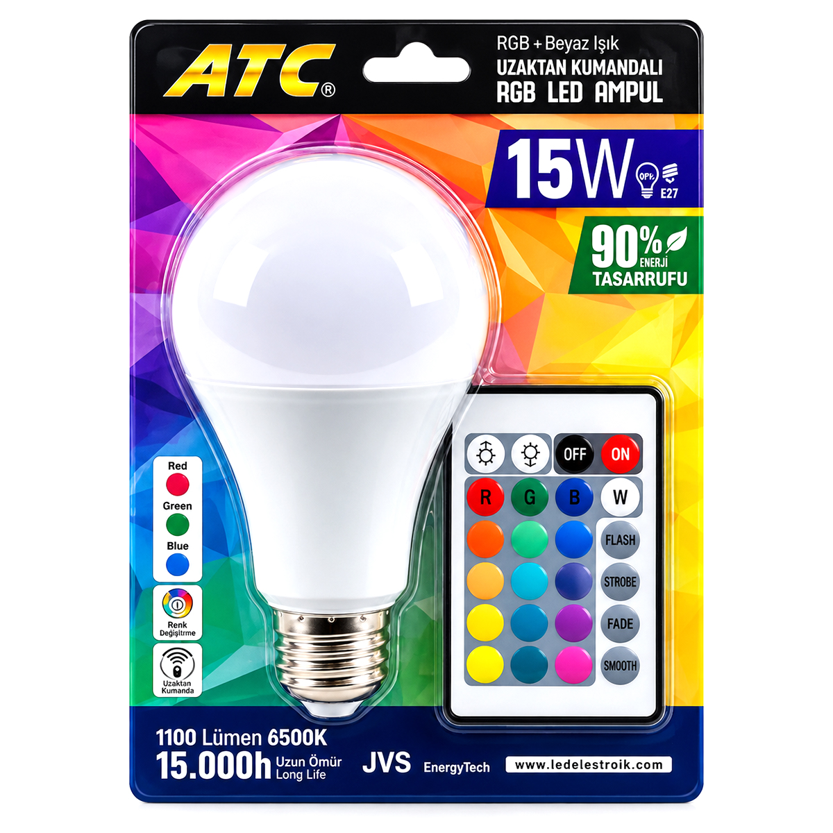 Kumandalı RGB LED Ampul 15W (90W Eşdeğer) E27 1100LM 15000 Saat