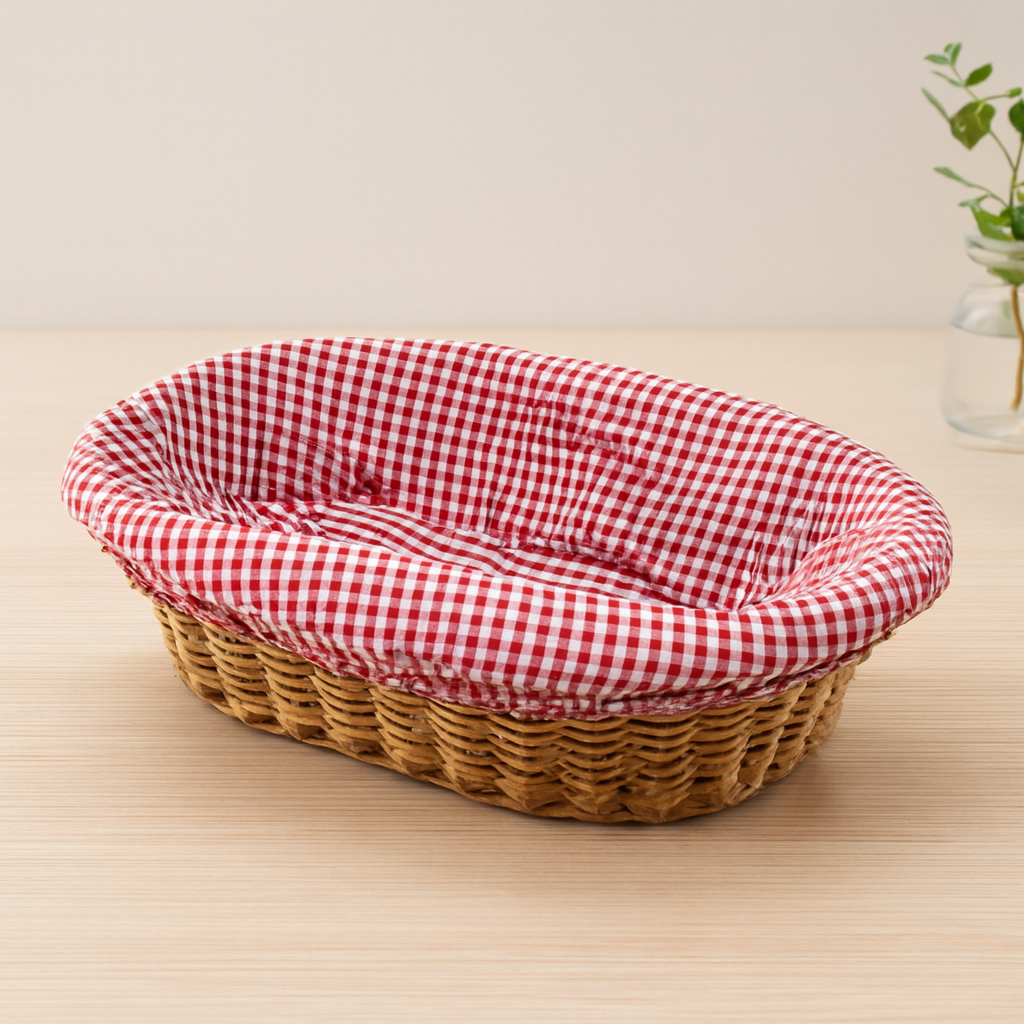 Oval Hasır Ekmek Sepeti Kulplu - Bez Astarlı 18x28 cm