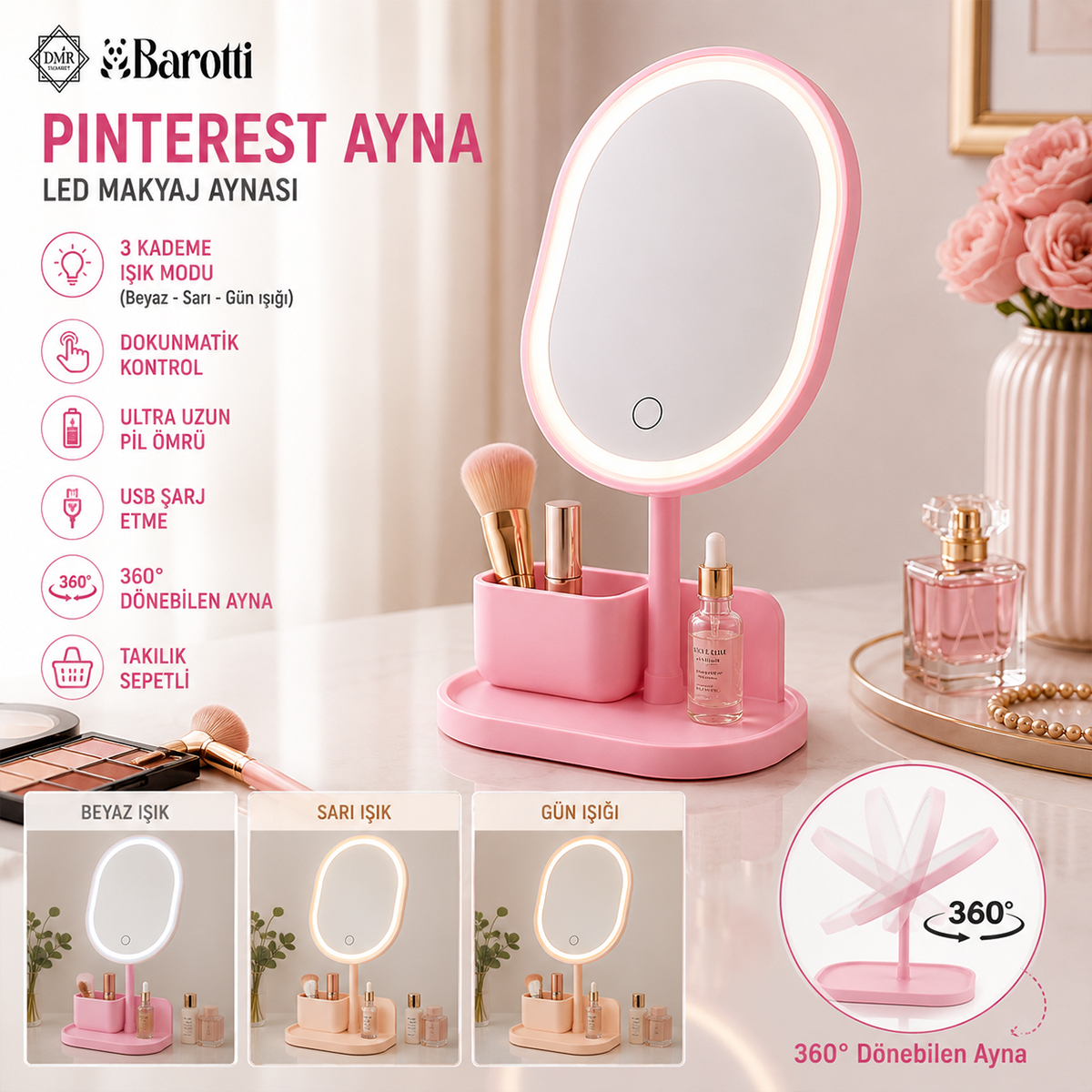 Oval USB Şarjlı Dokunmatik 3 Kademeli LED Makyaj Aynası (18,5/15,5 cm, 360°)