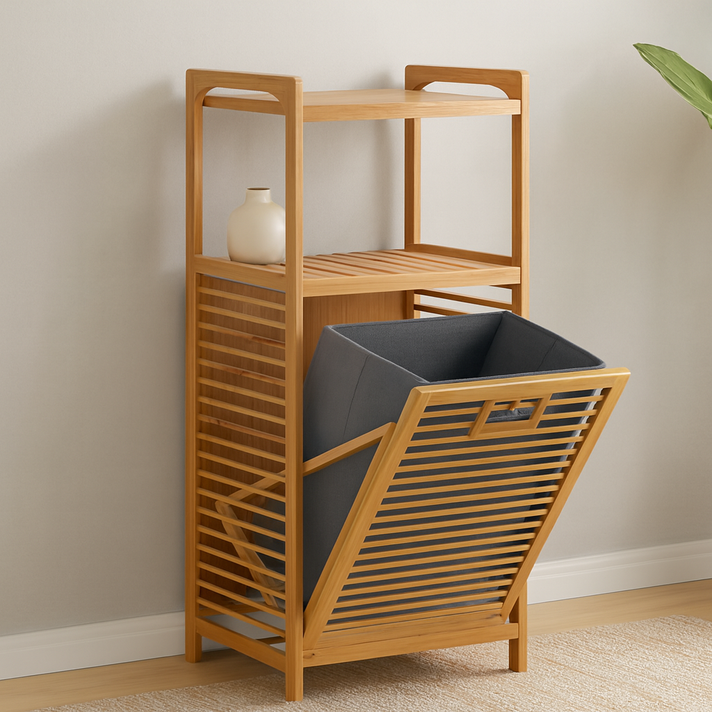 2 Katlı Bambu Çamaşır Sepeti Önden Çek-Aç Organizer 40x35x95 cm