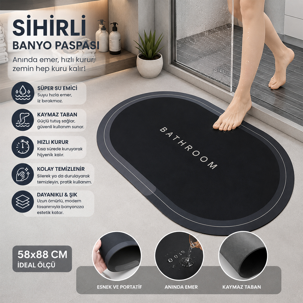Oval Su Emici Banyo Paspası ve Bulaşık Altlığı 58x38 cm