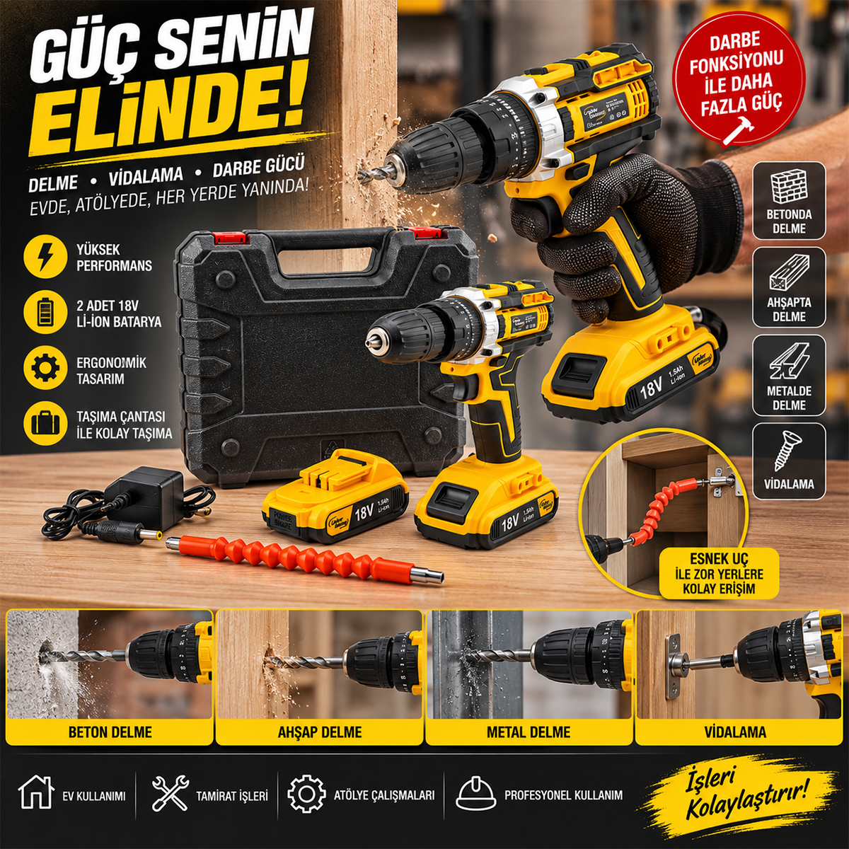 Şarjlı Matkap Seti 1850 RPM 18W Çantalı Yedek Bataryalı (Sarı)