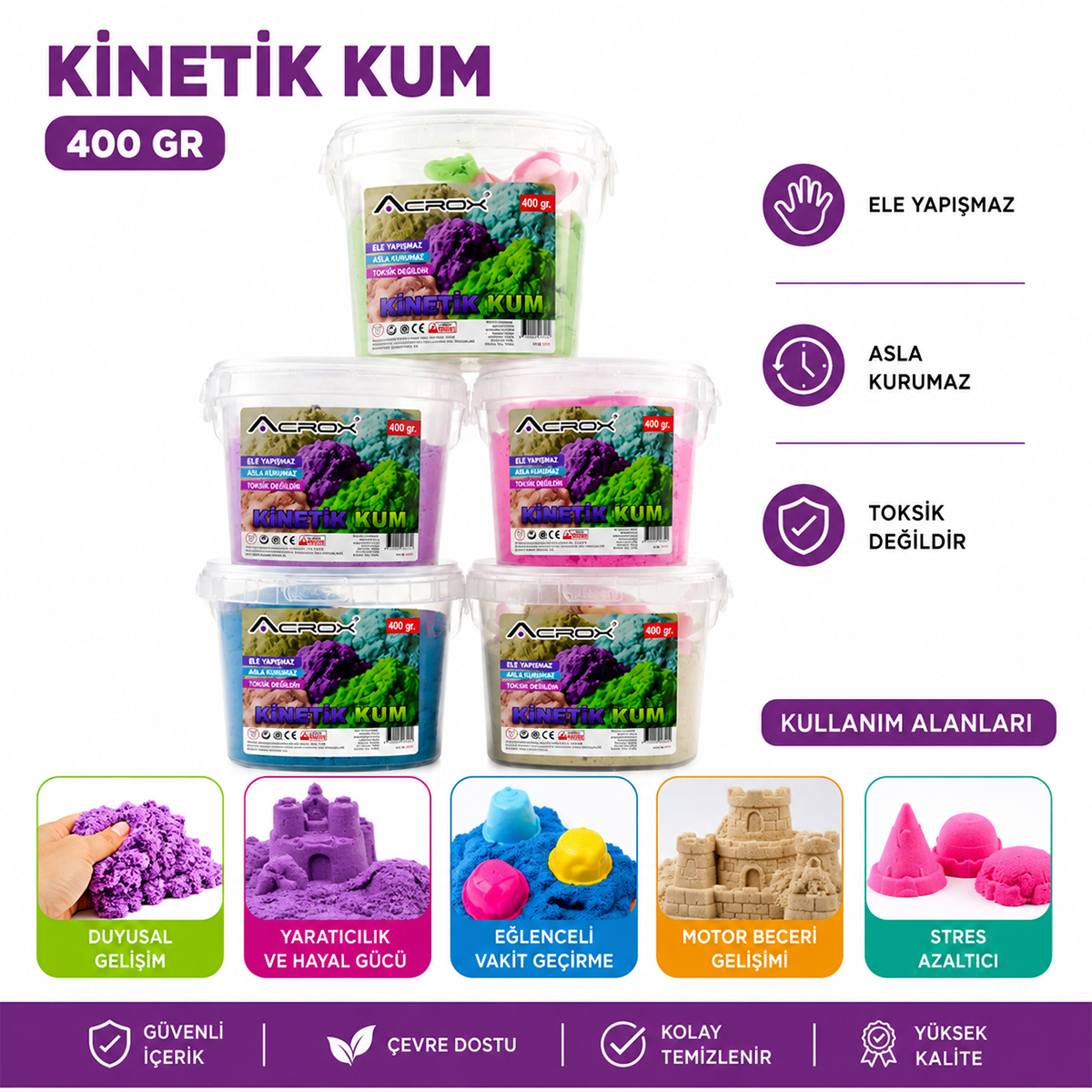 Kinetik Kum Renkli - Kurumayan, Ele Yapışmayan Oyun Kumu