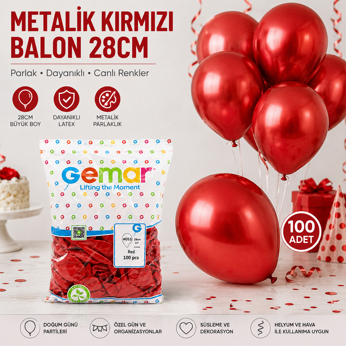 Metallic Kırmızı Balon 11'' (28 cm) - 100'lü Paket