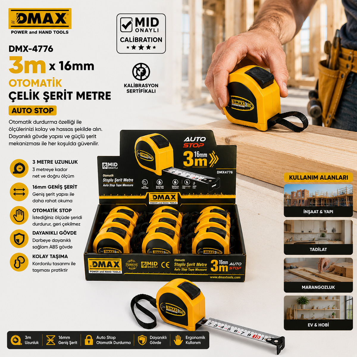 3 m Çelik Şerit Metre 16 mm Otomatik Stoplu