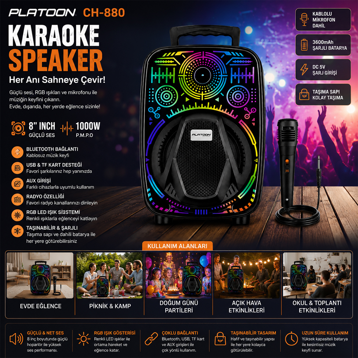 Karaoke Bluetooth hoparlör mikrofonlu 8 inç RGB