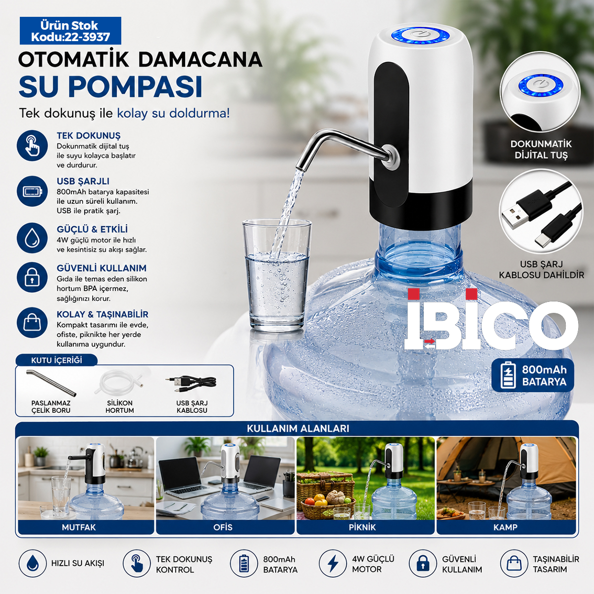USB Şarjlı Otomatik Damacana Su Pompası 4W 800mAh