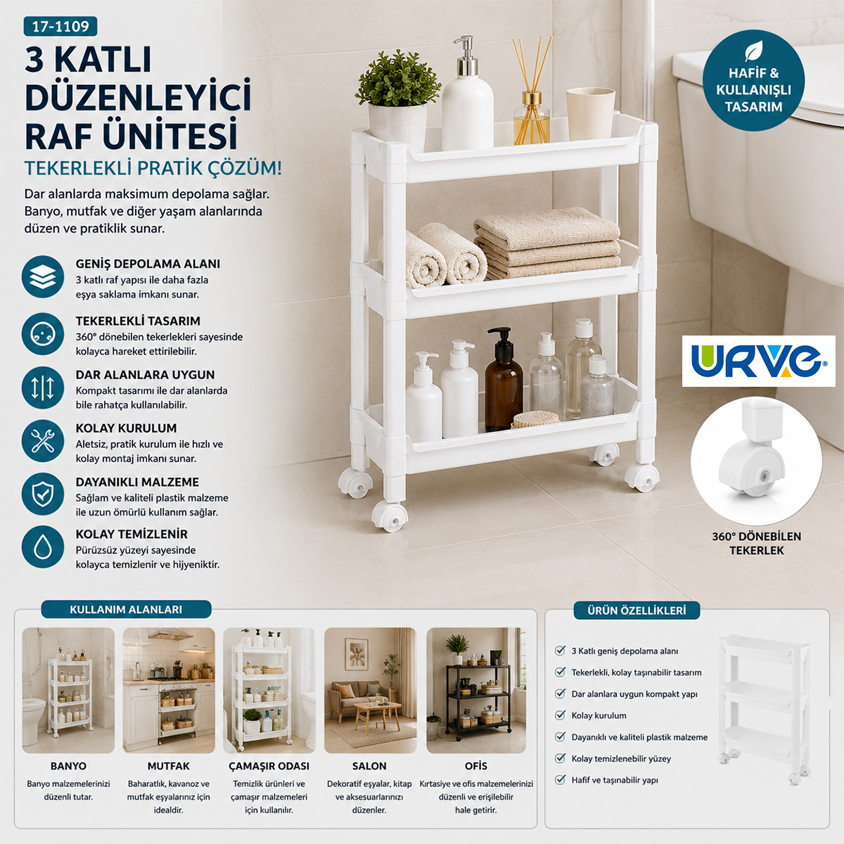 3 Katlı Tekerlekli Sepet Organizer Raf