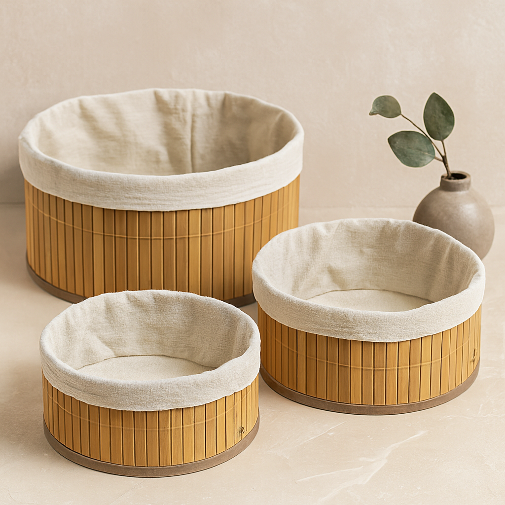 Yuvarlak Organizer Sepet 3'lü (Ø21/25/28 cm) Bambu Kenarlı Bezli