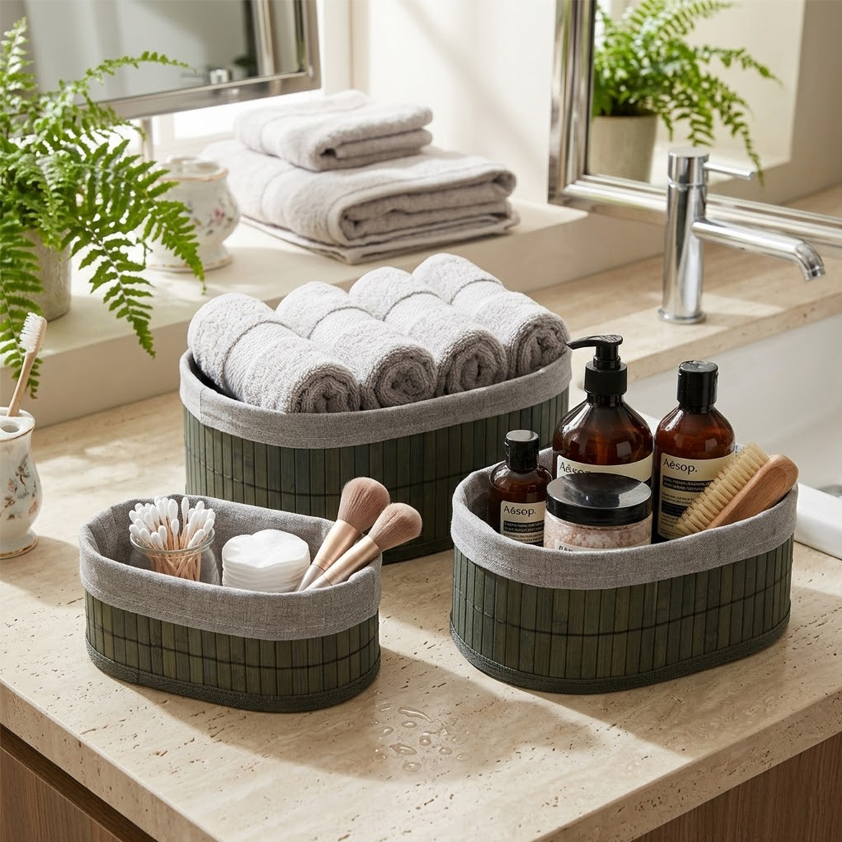 Oval Bambu Kenarlı 3'lü Organizer Sepet Seti - Gri