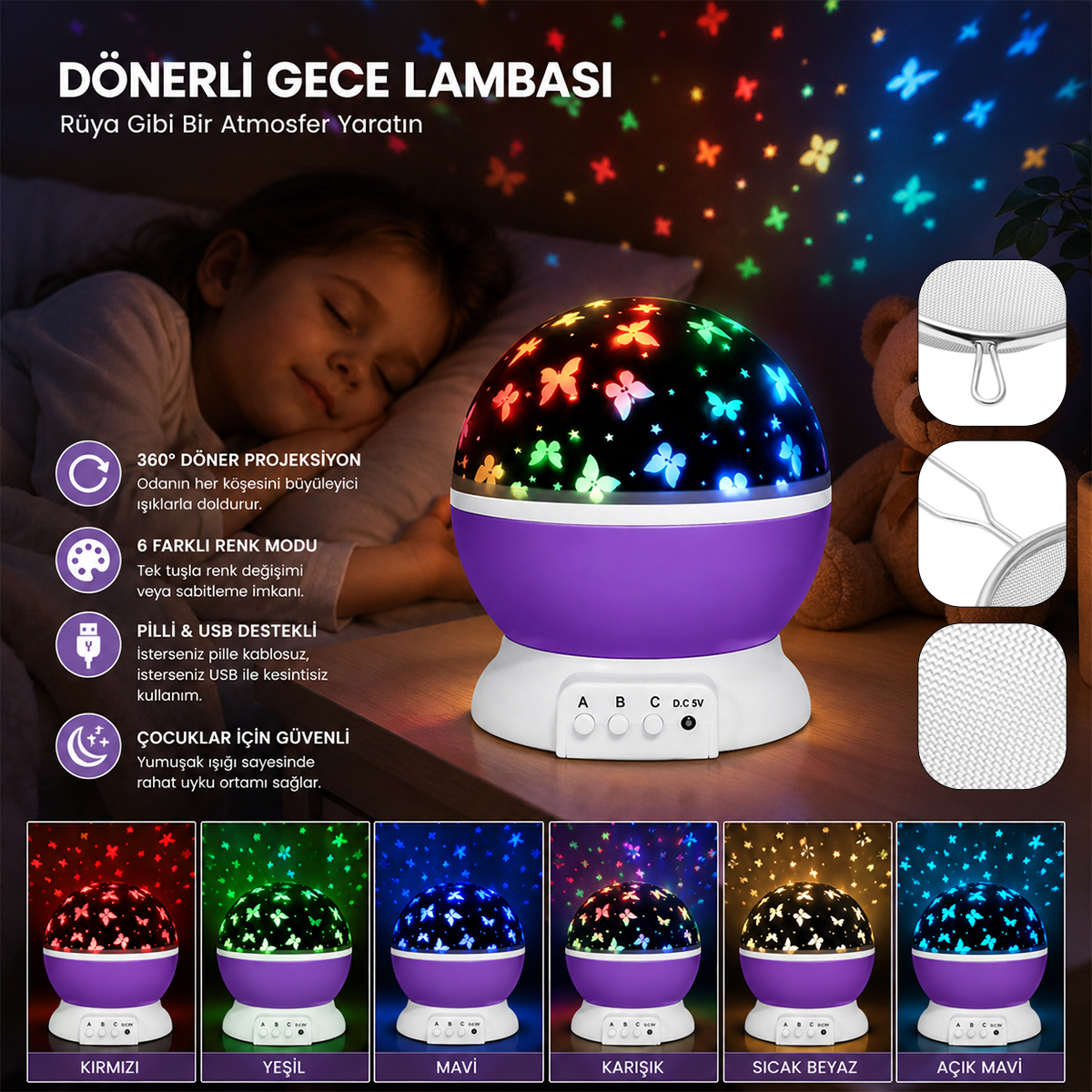 Otomatik Dönerli Ay Yıldız Projeksiyon Gece Lambası (USB & Pil)
