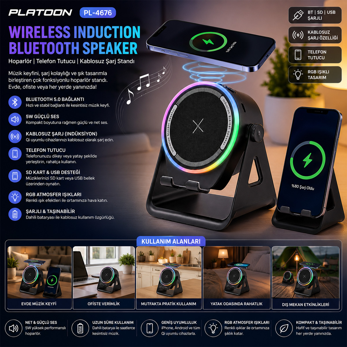 Bluetooth Hoparlör 5W RGB Işıklı Telefon Tutuculu