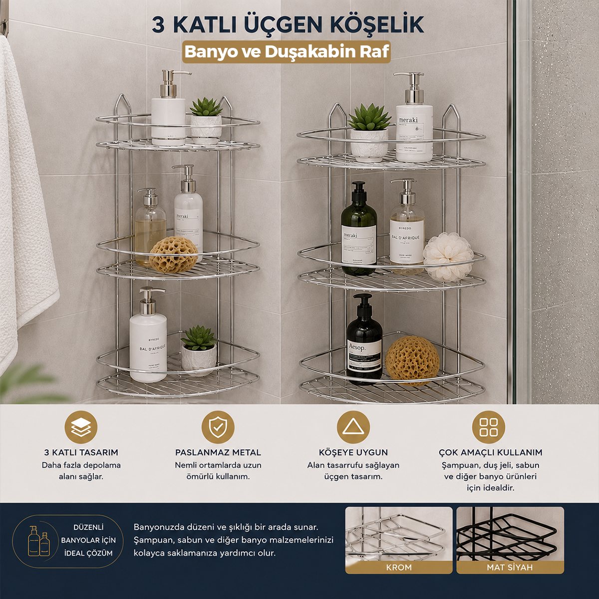 Üç Katlı Üçgen Metal Banyo Köşeliği Krom