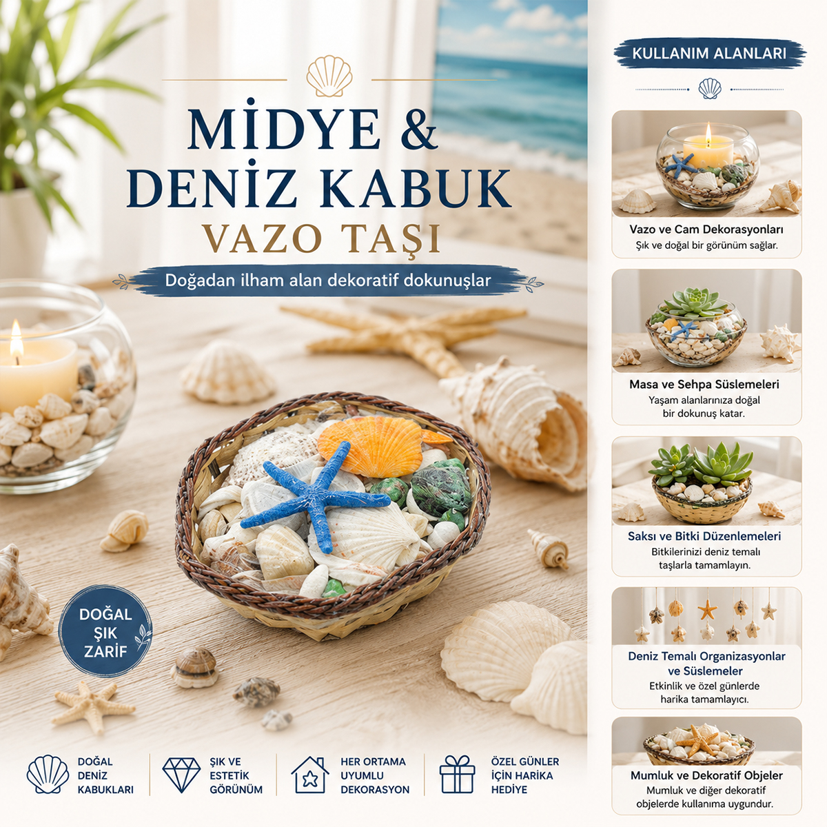 Midye ve Deniz Kabuk Vazo Taşı - Renkli Mix, Ahşap Sepetli (Küçük Kare)