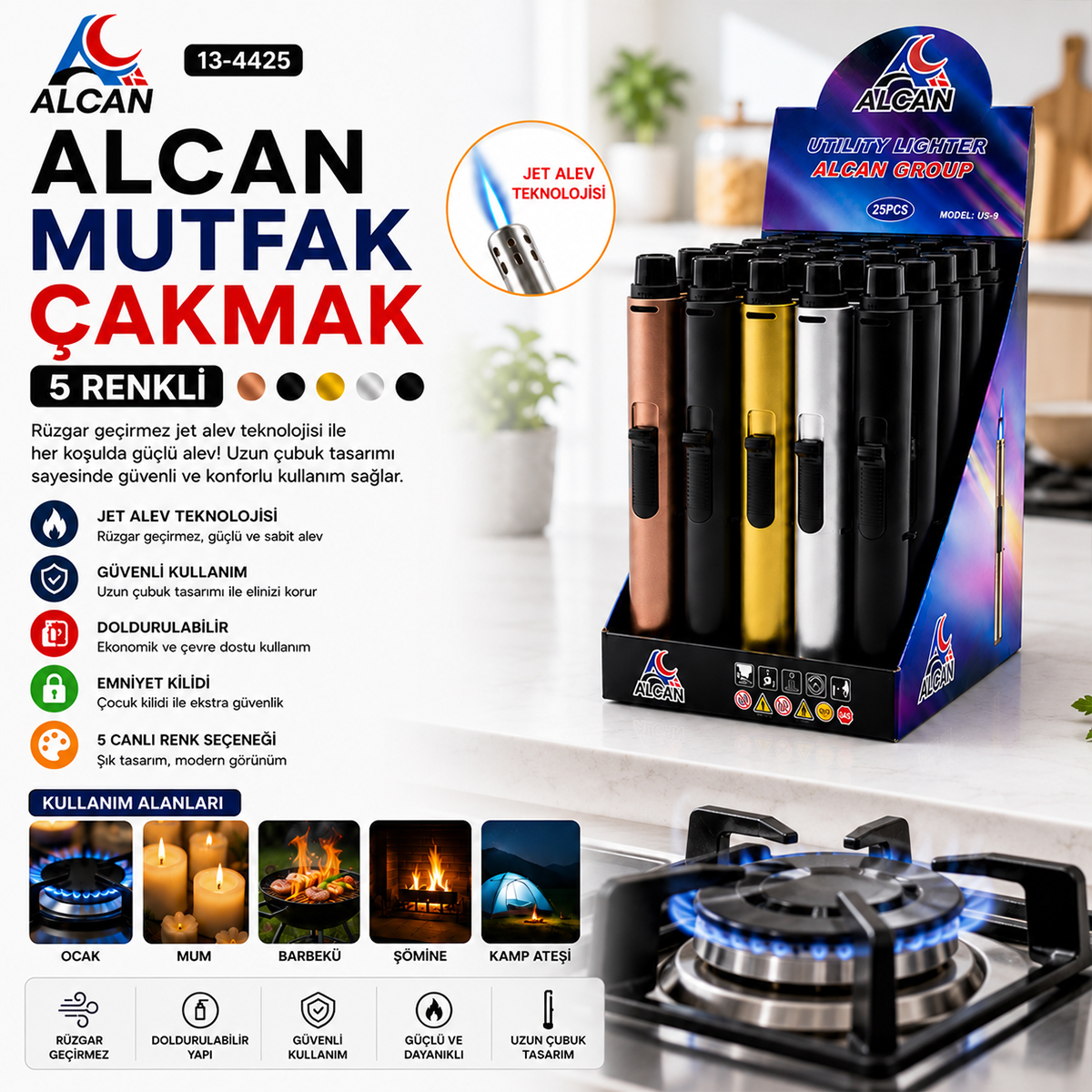 Rüzgar Geçirmez Izgaralı Mutfak Ocağı Çakmak - Renkli ( 1 Adet)