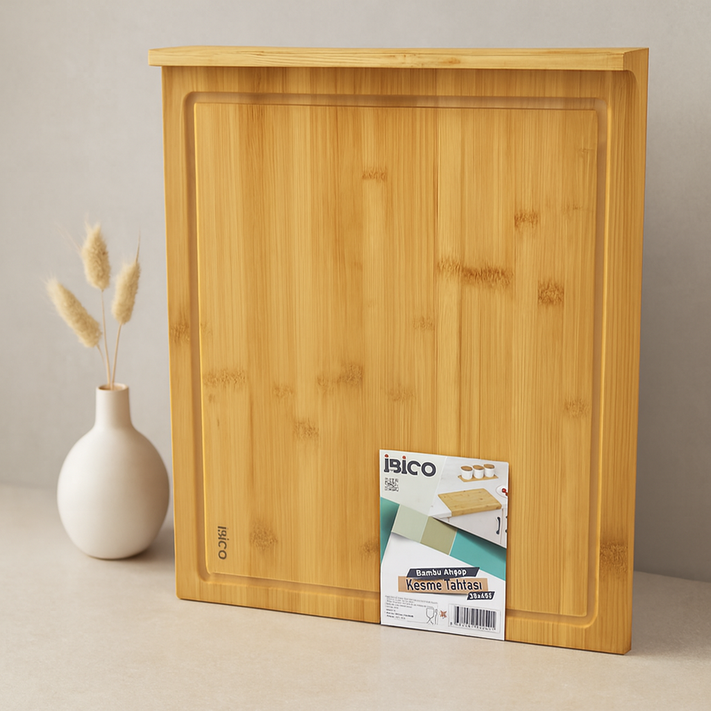 Bambu Kesme Tahtası 38x45 cm - Kanallı, Kenar Destekli